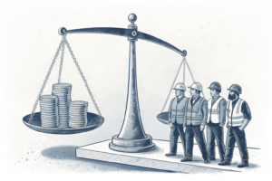 A scale balances a stack of coins on one side and a group of workers on the other, symbolizing the need for fair compensation and respect.