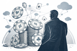 A shadowy figure oversees a network of interconnected poker chips that vanish into thin air.