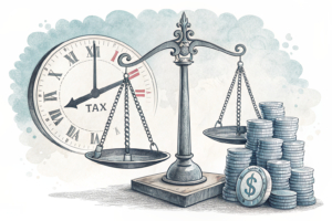 A scale balancing between a stack of coins representing tax revenue and a cultural symbol, as a clock ticks down to evaluate the impact of tax reductions on the economy.