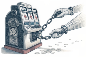 A mechanical hand disables a chain of spinning slot machines, symbolizing the prohibition of auto-play features in gaming.