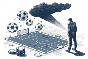 A shadowy figure casts a long, dark cloud over a soccer field filled with digital gambling chips, hinting at the looming threat of match-fixing in Finnish football.