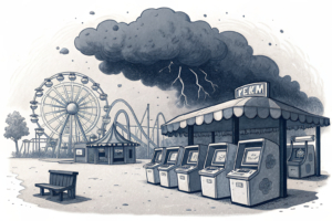 A dark storm cloud looms over a deserted amusement park, casting shadows over empty gaming machines and abandoned arcades.