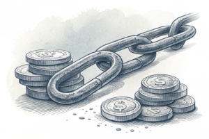 A broken chain link symbolizes the technical errors that excluded customers from a draw, while a pile of fading digital coins represents the settlement agreement.