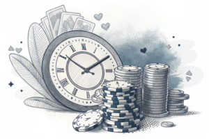 A clock turning back time as a hand sweeps away a stack of digital gambling chips.