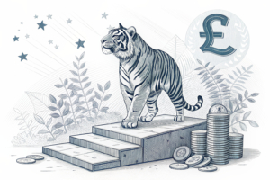 A towering tiger emerges from a digital platform, symbolizing the launch of a new sportsbook in the UK market.