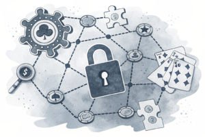 A digital lock symbol hovers over a network of interconnected puzzle pieces representing unauthorized gambling sites.
