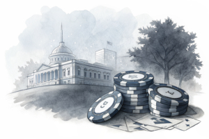 A shadow looms over a stack of casino chips, as a distant light shines on a completed building in the background.