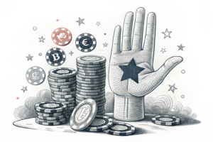 A towering hand restricts a cascade of digital gambling chips fading into obscurity.