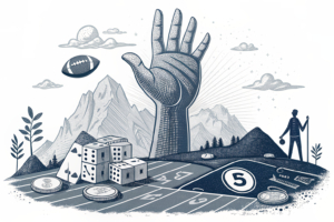A towering hand casts a shadow over a digital landscape of forbidden sports betting practices.