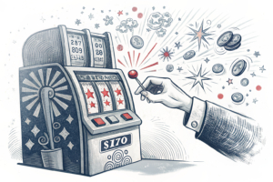 A digital hand reaches out from a screen, pulling a virtual lever on a slot machine as colorful lights and symbols burst out.