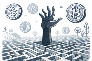 A towering hand casts a shadow over a maze of digital currency symbols that vanish into thin air.