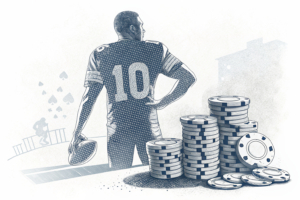 A shadow of a footballer's jersey with a number looms over a stack of betting chips, symbolizing the ban on using role models in gambling advertising.