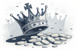 A towering crown casts a shadow over a field of fading coins, symbolizing the singular brand that drove the sweepstakes category to recovery.
