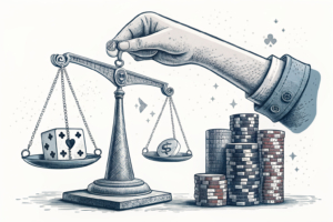 A digital scale tips towards a stack of fading prediction market platforms, while a giant hand enforces a limit on their gambling activities.