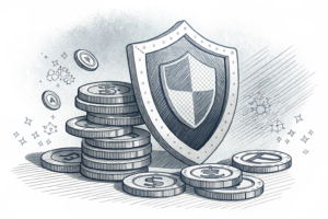 A digital shield hovers over a stack of virtual coins, representing oversight and regulation in the gambling industry.