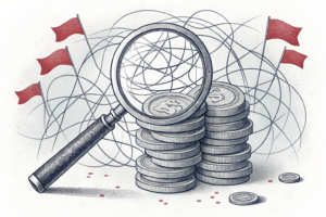 A tangled web of digital wires surrounds a fading stack of virtual coins, while a magnifying glass hovers over early warning signs and red flags.