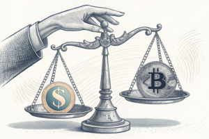 A scale balances between virtual and real currency, with a shadowy hand reaching out to disrupt the equilibrium.