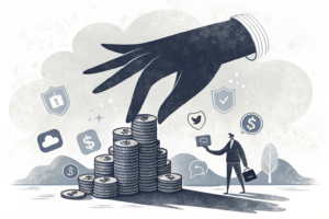 A giant hand casts a shadow over a stack of digital assets that vanish into thin air, symbolizing the abrupt end of a lucrative partnership due to regulatory restrictions.