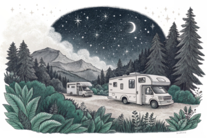 A serene landscape with RVs parked under a starry sky, surrounded by lush greenery and a distant glow of casino lights.