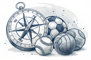 A digital compass needle points towards a multitude of interconnected sports balls, symbolizing the expansion of a new betting comparison tool beyond horseracing.