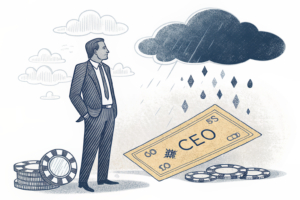 A shadowy figure casts a dark cloud over a golden lottery ticket, symbolizing concerns over the appointment of a new CEO with ties to the gambling industry.
