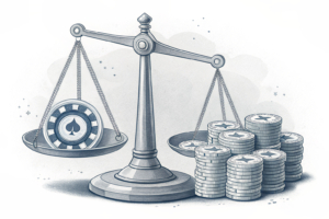A scale balances between a growing pile of digital coins and a diminishing stack of fading coins, symbolizing the shift in revenue from regulated to illegal online gambling operators.