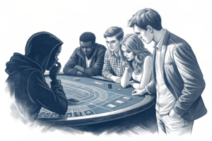 A group of young adults gather around a digital casino table, while a shadow looms over them representing the normalization of gambling in society.