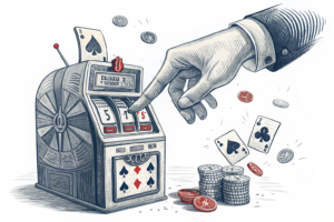 A giant hand hovers over a digital slot machine, releasing each spin into a void of uncertainty.
