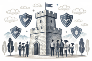 A towering fortress of digital shields surrounds a group of diverse figures, symbolizing the industry's commitment to protecting young people through strict age-verification measures.