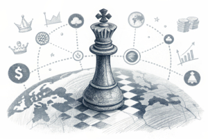 A powerful chess piece moves strategically across a global board, symbolizing a state-controlled operator's international expansion through strategic partnerships.
