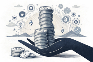 A towering stack of abstract digital assets grows steadily under a shadowy hand that controls its expansion.