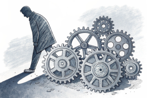A shadow looms over a group of interconnected gears, some of which are rusted and stuck, symbolizing a potential halt in operations.