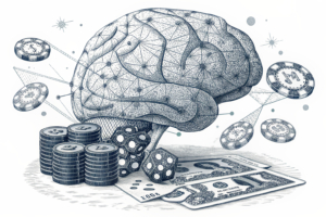 A giant digital brain, filled with interconnected neural networks, hovers over a landscape of fading sports data and betting chips.