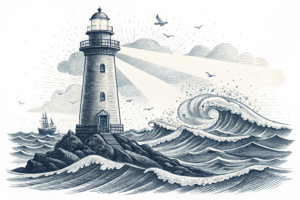 A lighthouse shines brightly, guiding ships through turbulent waters towards a safe harbor, symbolizing support and treatment for those affected by gambling harm.