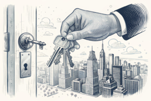 A large hand holding a set of keys unlocks a door to a vibrant, bustling cityscape.