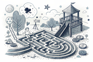 A digital labyrinth intertwines with a child's playground, symbolizing the blurred boundaries between gaming and gambling for younger generations.