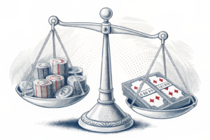 A scale balancing between a legal and an illegal casino, with money flowing towards the illegal side despite strict regulations on the legal side.