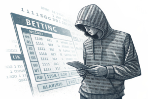 A faceless, youthful figure made of binary code stands in front of a digital betting slip, symbolizing the blurred lines between AI-generated and real characters in gambling advertising.
