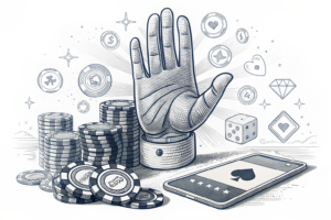 A giant digital hand restricts a flow of fading online gambling chips, while a watchful eye oversees the scene.