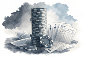 A crumbling tower of digital betting chips surrounded by a storm of regulatory paperwork and tax forms.