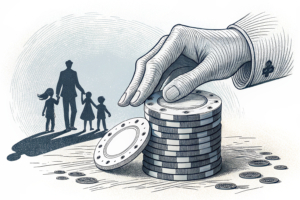 A digital hand holds a stack of casino chips while a shadow looms over a silhouette of a family, symbolizing false gambling accusations.