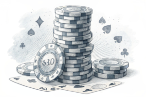 A towering stack of digital poker chips overshadow a small pile, symbolizing the dominance of one casino over the others in revenue generation.