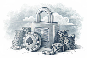 A large lock hovers over a group of fading digital casino chips, symbolizing the risk of fraud in land-based gambling admissions.