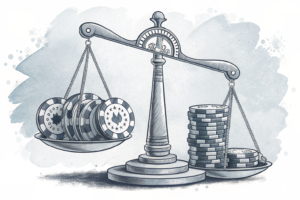 A digital scale weighing tribal sovereignty and commercial partnerships, as a stack of virtual betting chips hovers above.