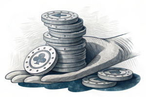 A fading stack of digital arcade tokens is overshadowed by a looming, restrictive hand.