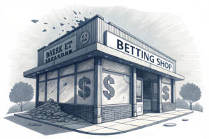A crumbling stack of betting shop signs, with a shadow looming over them, symbolizing the potential demise of the high street betting sector due to proposed tax hikes.