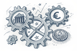 A group of interconnected gears symbolize the intricate relationship between betting shops, jobs, and local communities, with one gear missing threatening to disrupt the entire system.