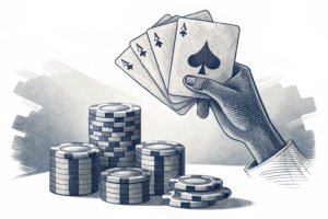 A towering hand of cards casts a shadow over a stack of digital chips, symbolizing the competitive interest in Finland's upcoming igaming market.