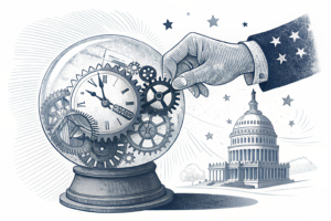 A crystal ball shatters into pieces, revealing a hidden hand manipulating the gears of a clock showing election dates.