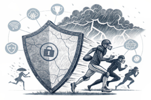A shield made of interconnected sports equipment protects a group of athletes from a storm of aggressive digital messages.